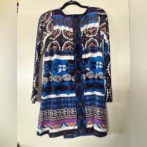 Analili Multicolor Long Sleeve Printed Midi Dress — Blue, Black, White